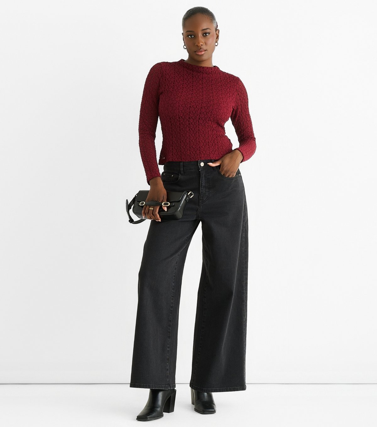 Gini London Women's Burgundy Jersey Lace Long Sleeve Top Gini London New Look - 2