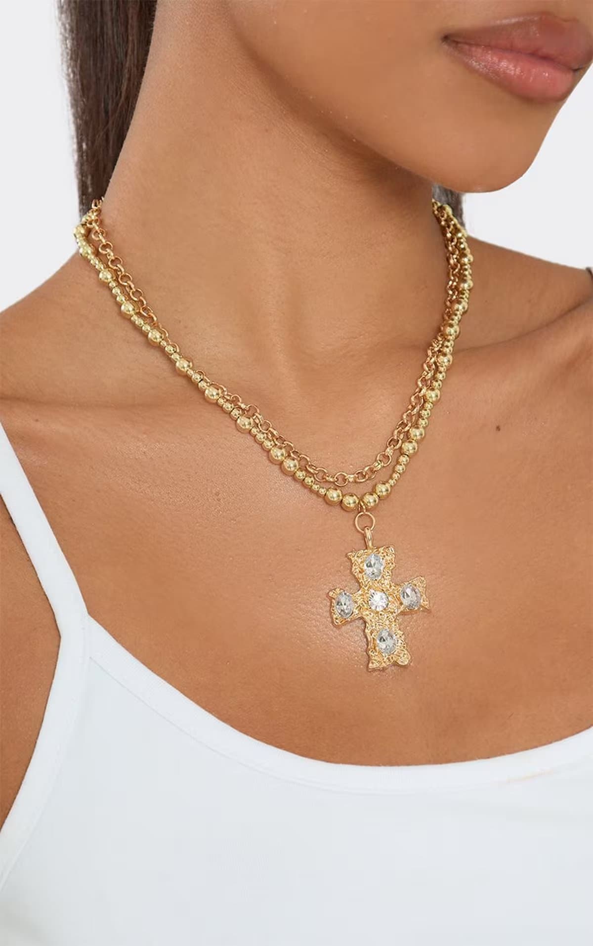 EGO Ego Gold Cross Pendant Detail Layered Chain Necklace