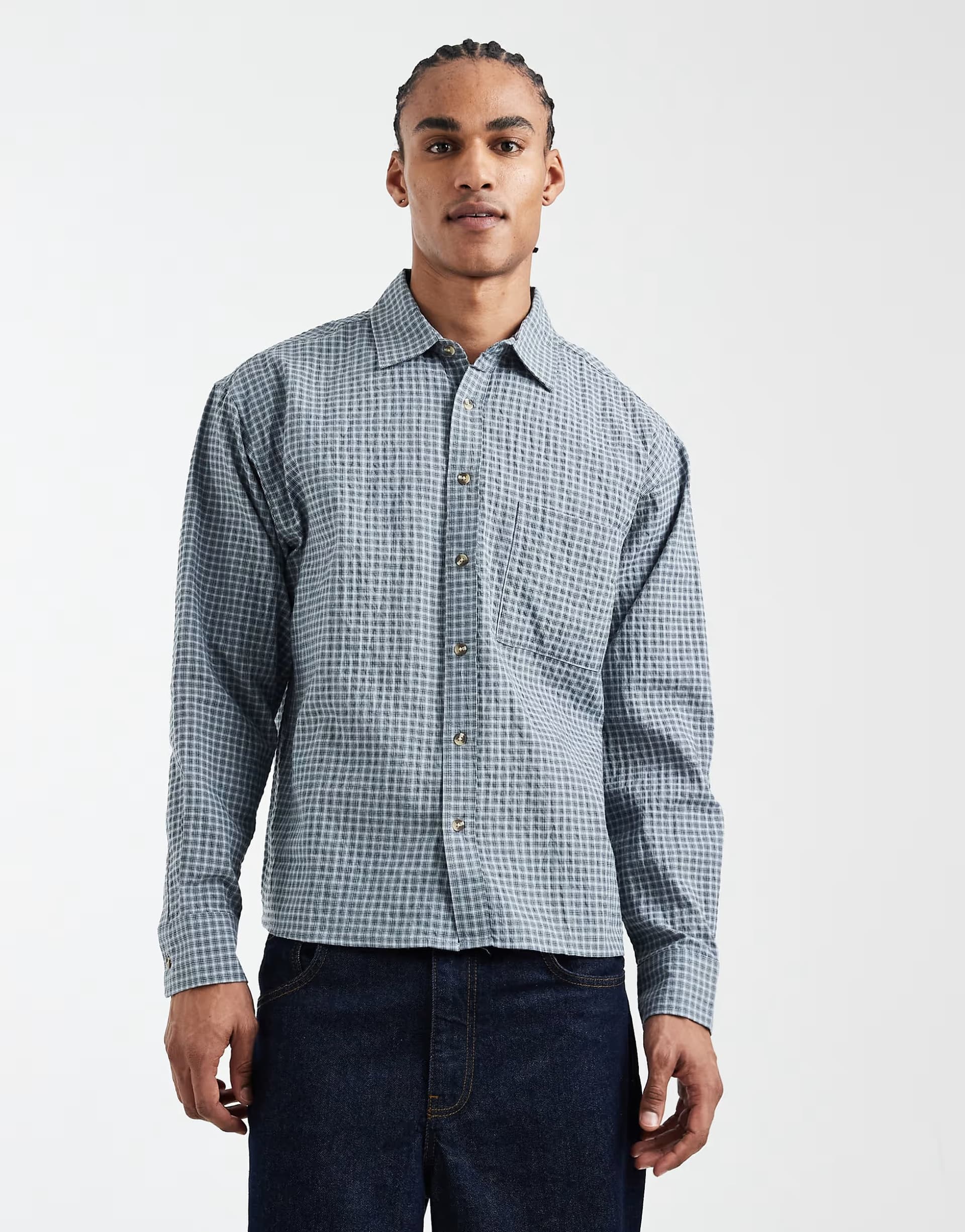 ASOS Cotton On Hudson long sleeve shirt in blue micro check