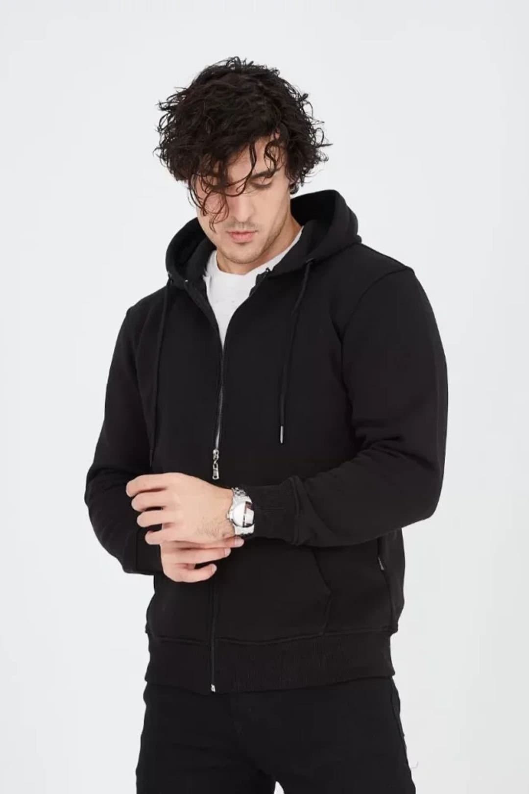 Janes Janes Men's Hooded Zip-Up Sweatshirt with Pocket in Black