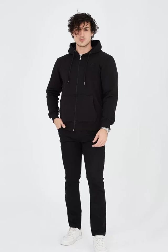 Janes Janes Men's Hooded Zip-Up Sweatshirt with Pocket in Black - 3