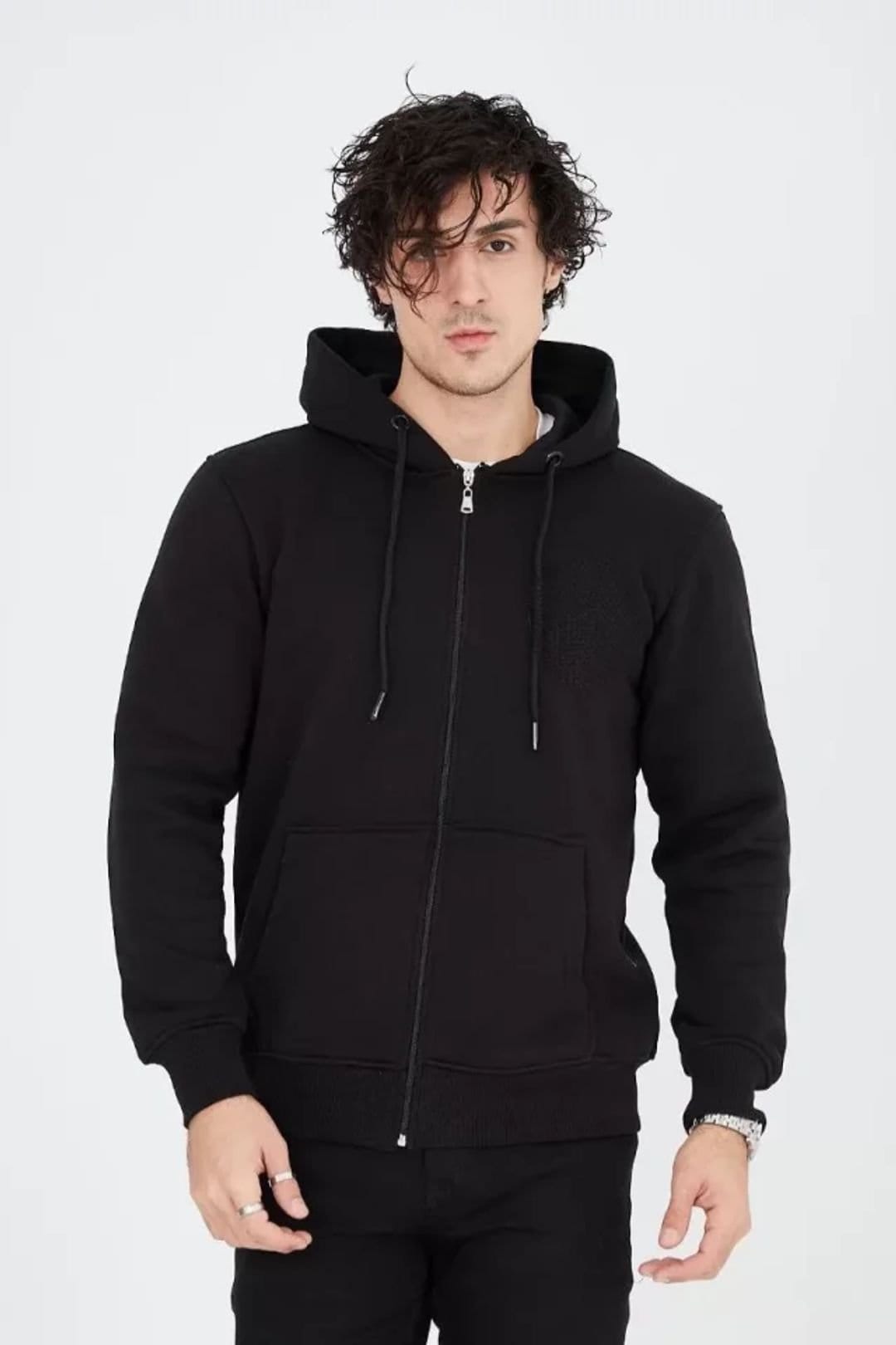 Janes Janes Men's Hooded Zip-Up Sweatshirt with Pocket in Black - 4