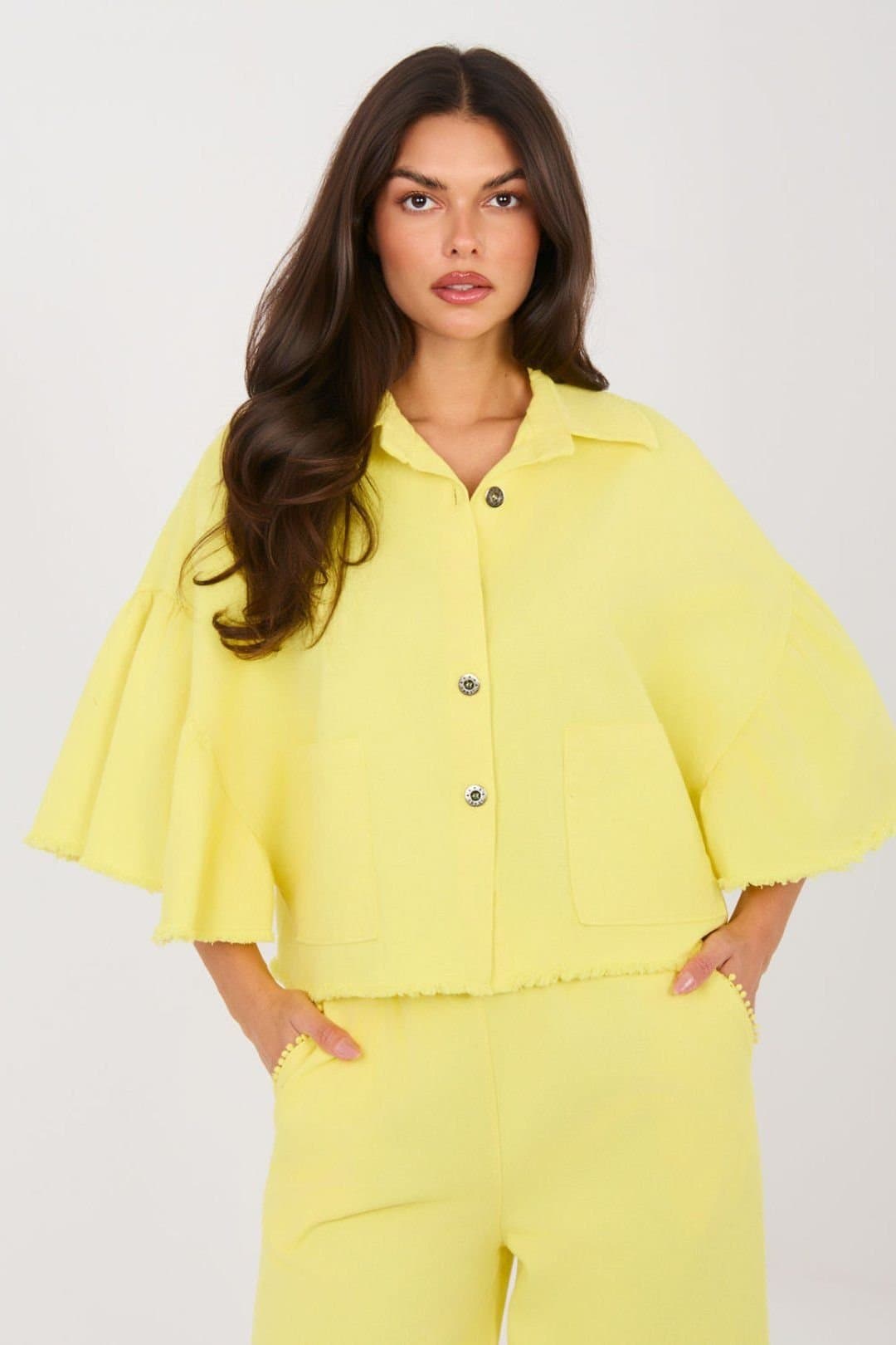 Love Lace Love Lace Women's Casual Short Denim Jacket with Frayed Sleeves in Yellow