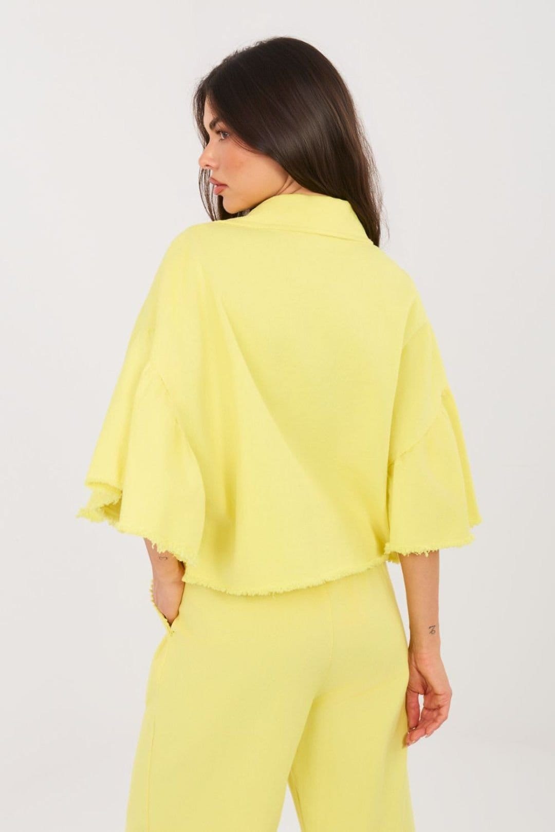 Love Lace Love Lace Women's Casual Short Denim Jacket with Frayed Sleeves in Yellow - 4