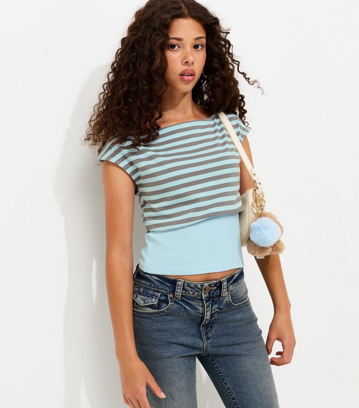 New Look Girls' Blue Cotton Rich Striped Cinched Waist Slash Neck Top New Look