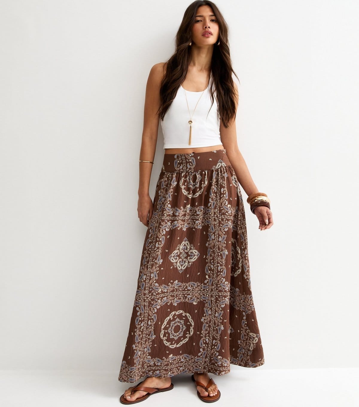 New Look Brown Bandana Print Maxi Circle Skirt