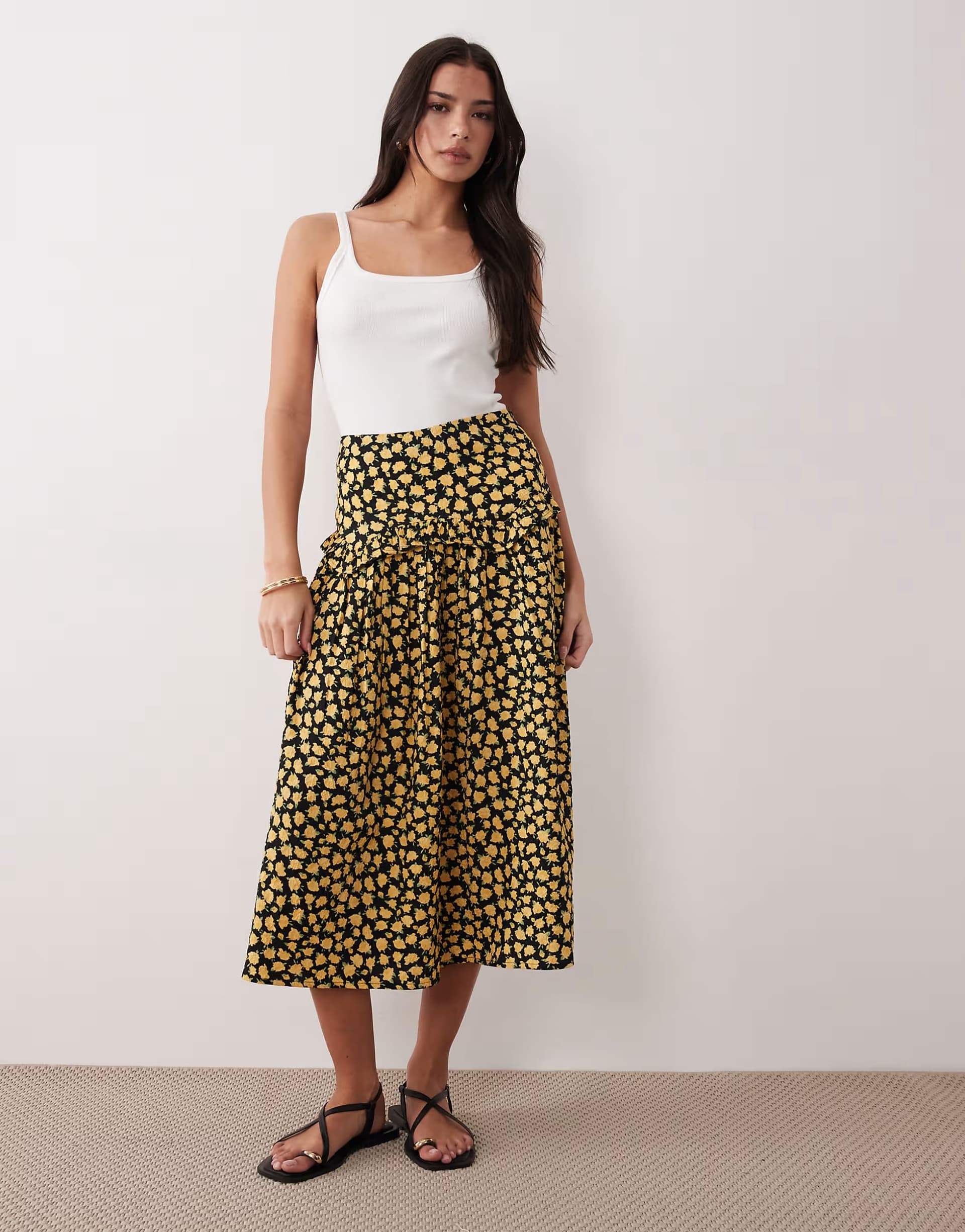 ASOS ASOS Yellow Floral Ruffle Midi Skirt