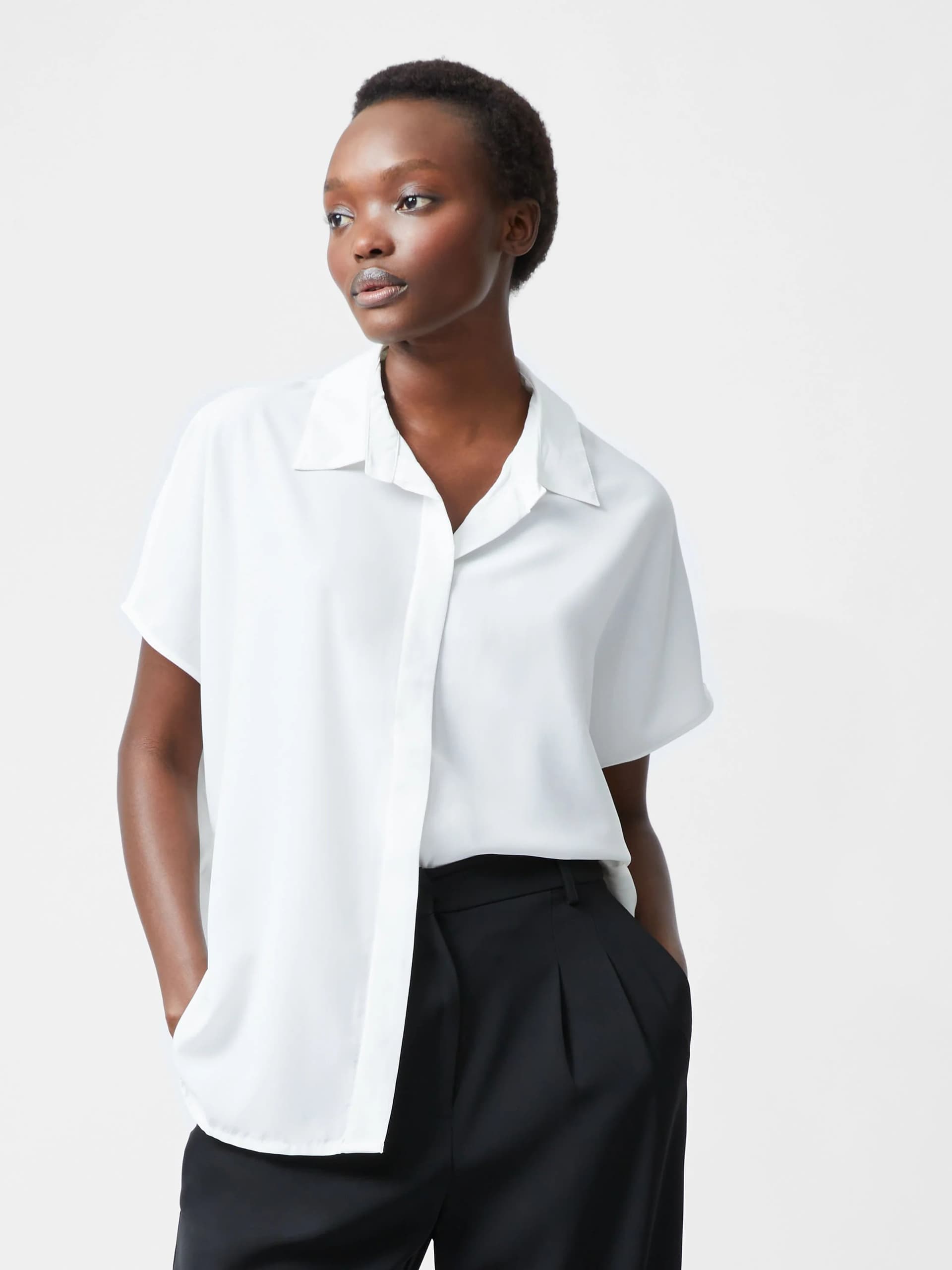 French Connection Caprina Recycled Crepe Short Sleeve Button Shirt Winter White