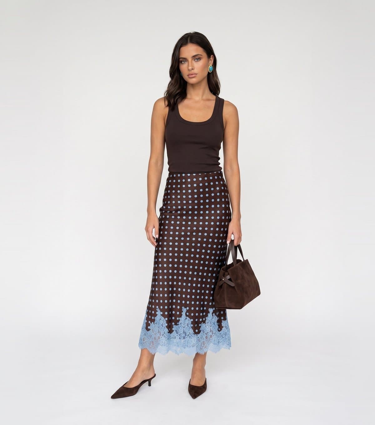 Urban Bliss Women's Brown Satin Polka Dot Lace Hem Maxi Skirt Urban Bliss New Look