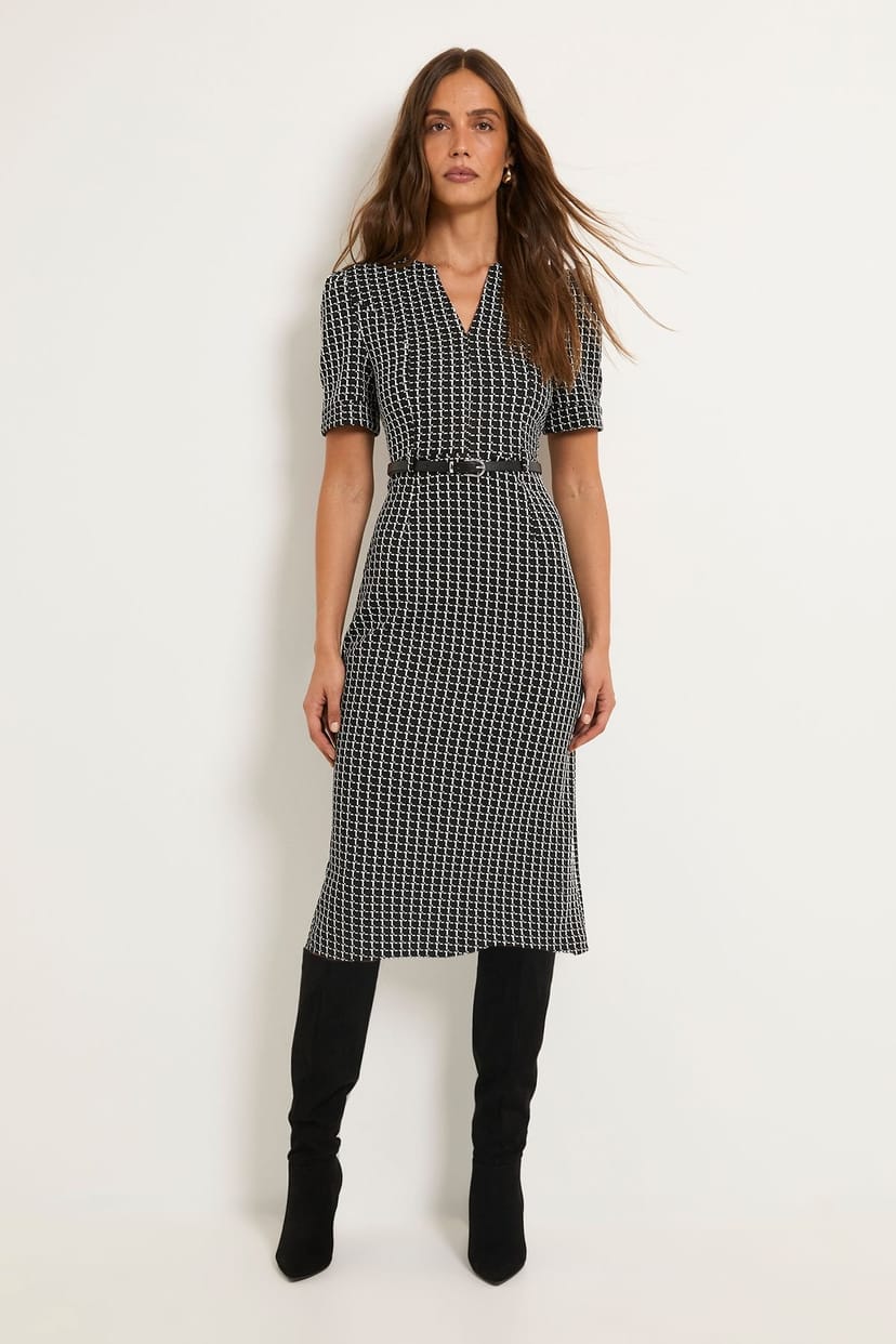 Wallis Wallis Women's Check Ponte Belted Midi Dress in Black - 1