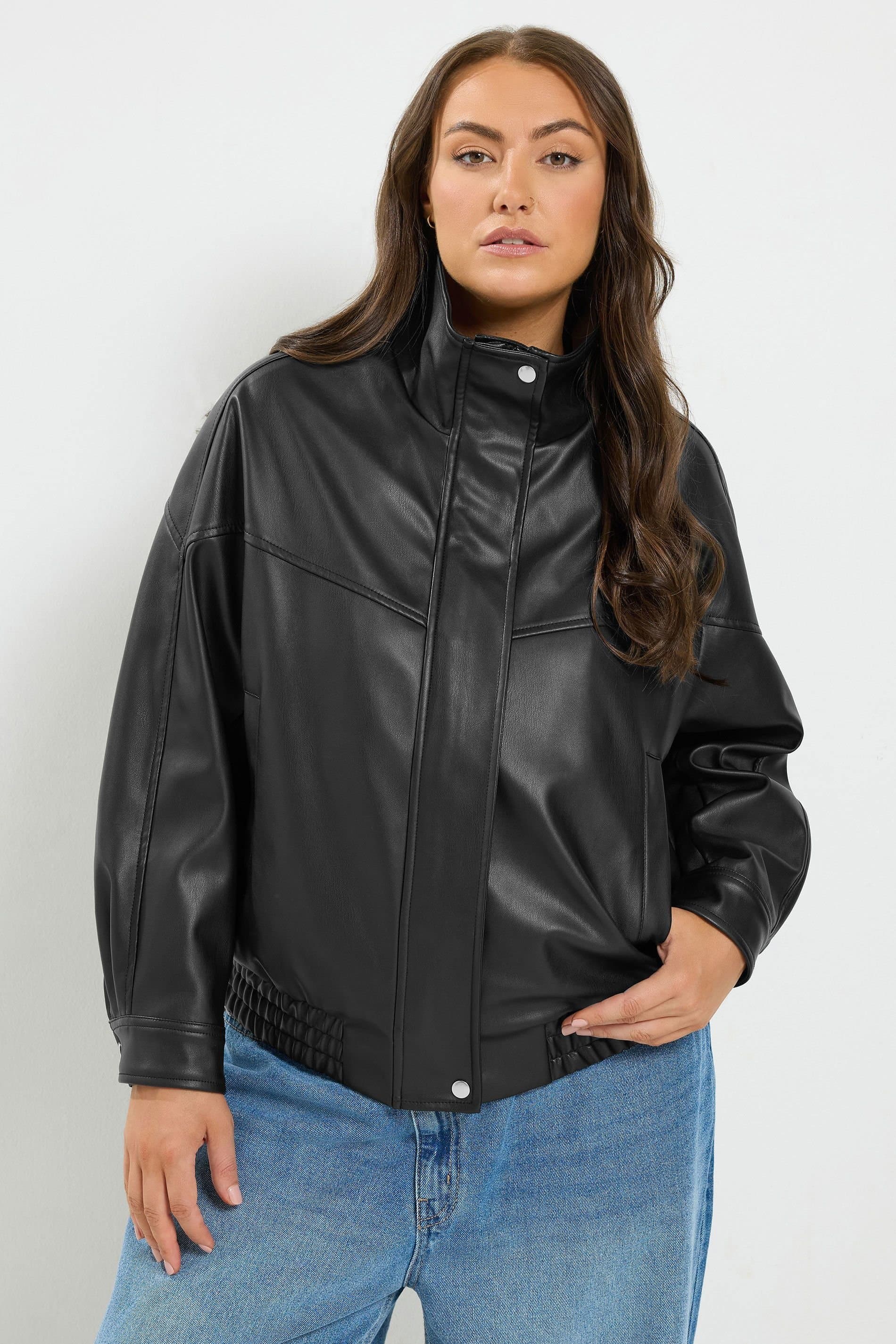 Yours Yours Women's Faux Leather Funnel Neck Jacket in Black
