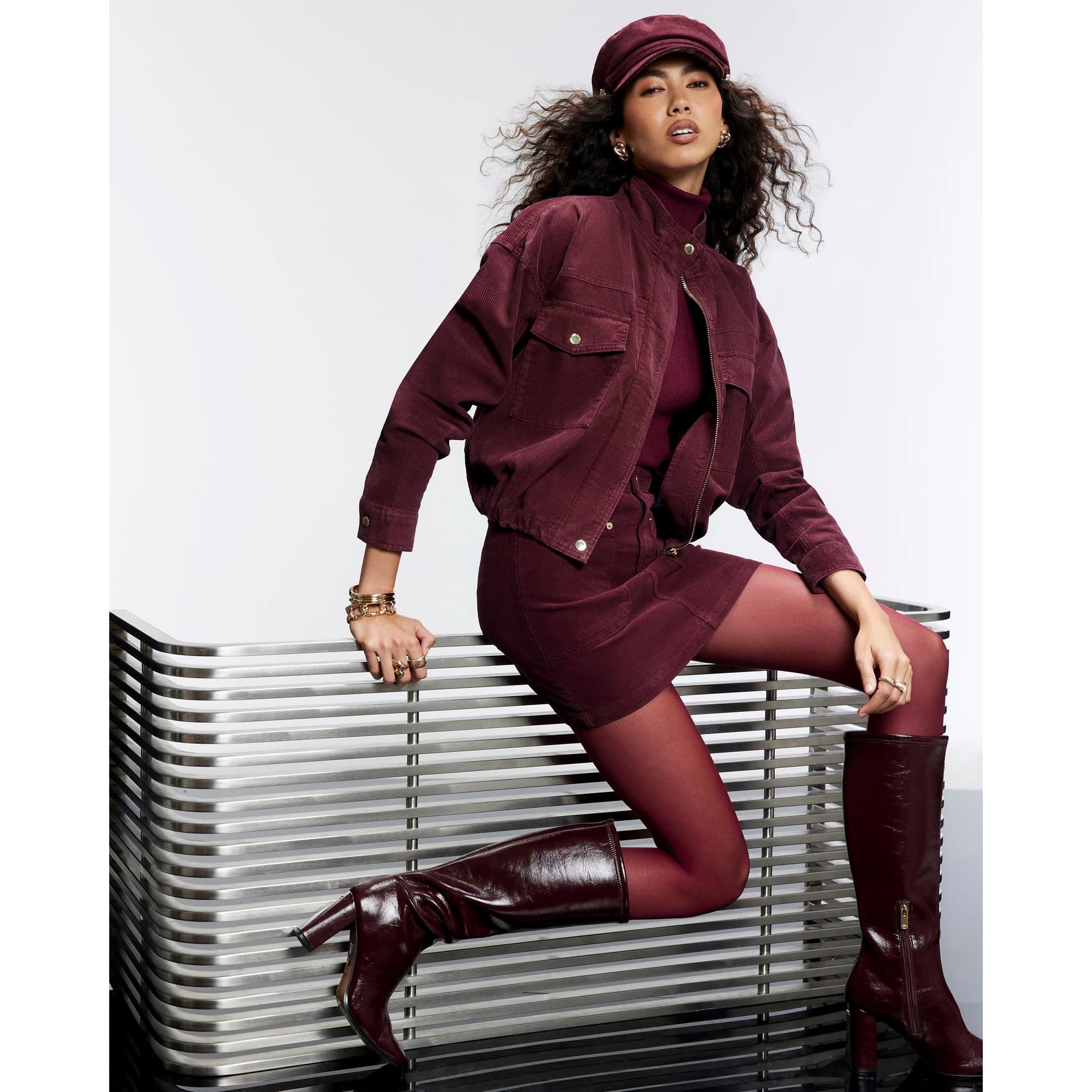 River Island River Island Womens Burgundy Cord Utility Bomber Jacket