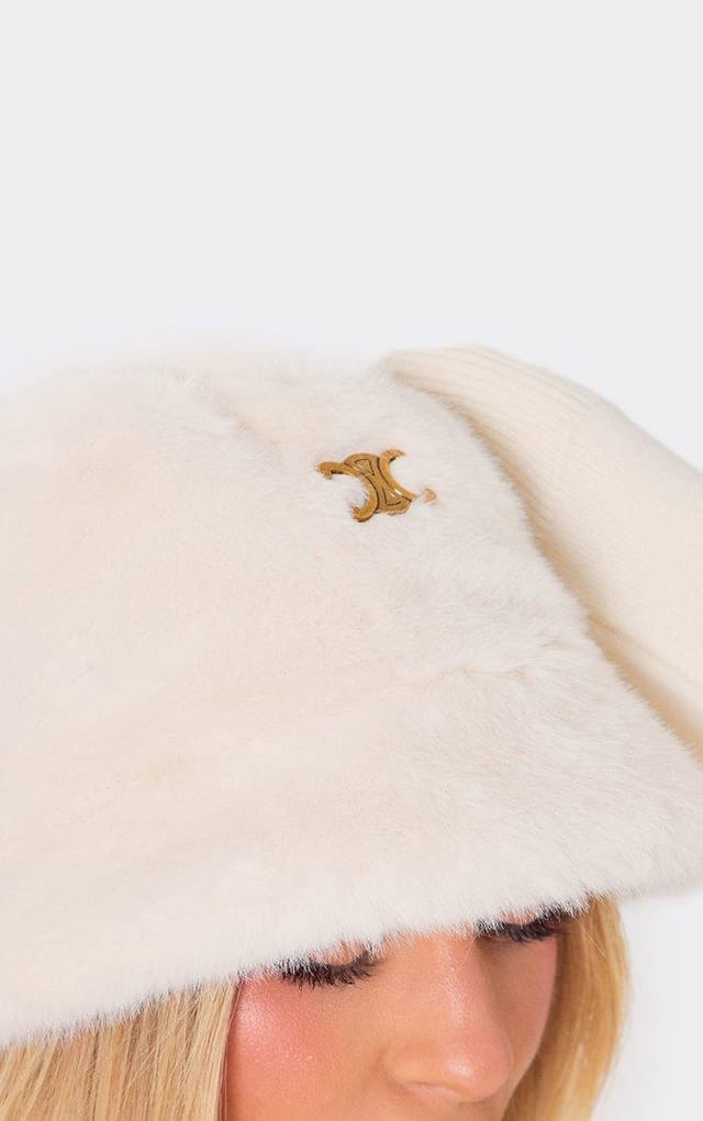 EGO Logo Detail Bucket Hat In Cream Faux Fur, Women's Size UK 0 - 2