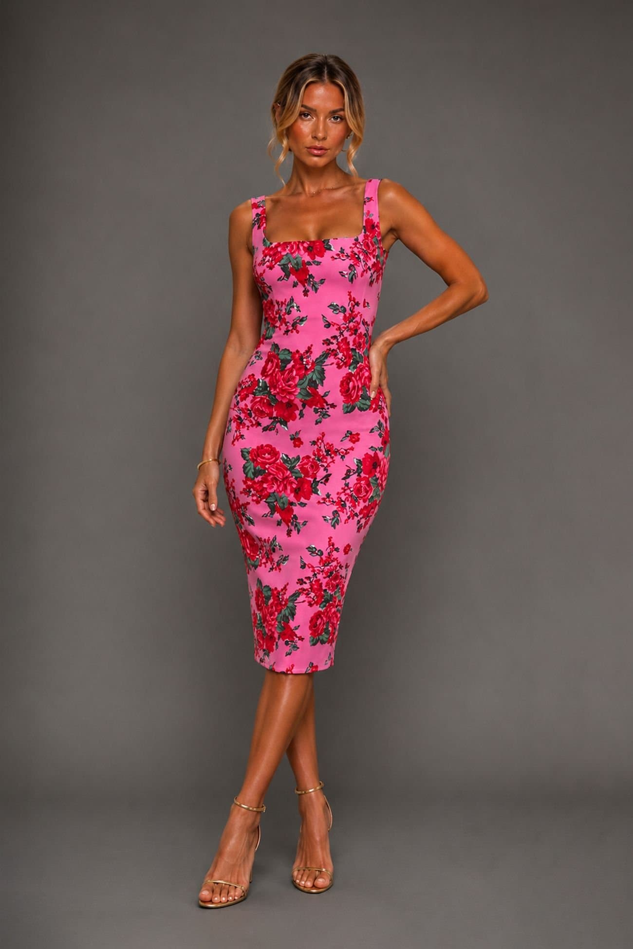 Vesper Vesper Women's Square Neck Bodycon Midi Dress in Pink