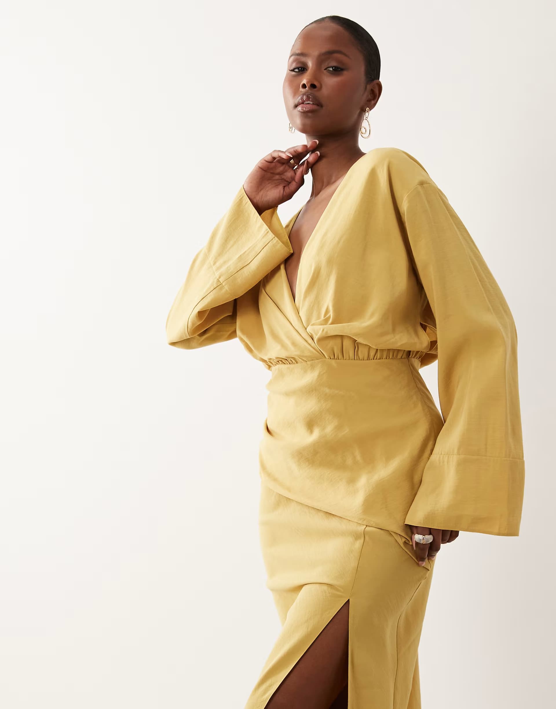 ASOS ASOS DESIGN plunge maxi dress with wide cuffs and side split in burnished gold