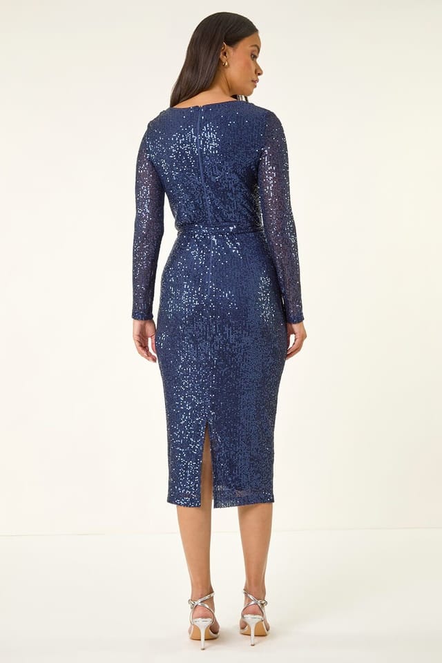 Dusk Dusk Women's Sequin Cowl Neck Pencil Stretch Dress in Navy - 3