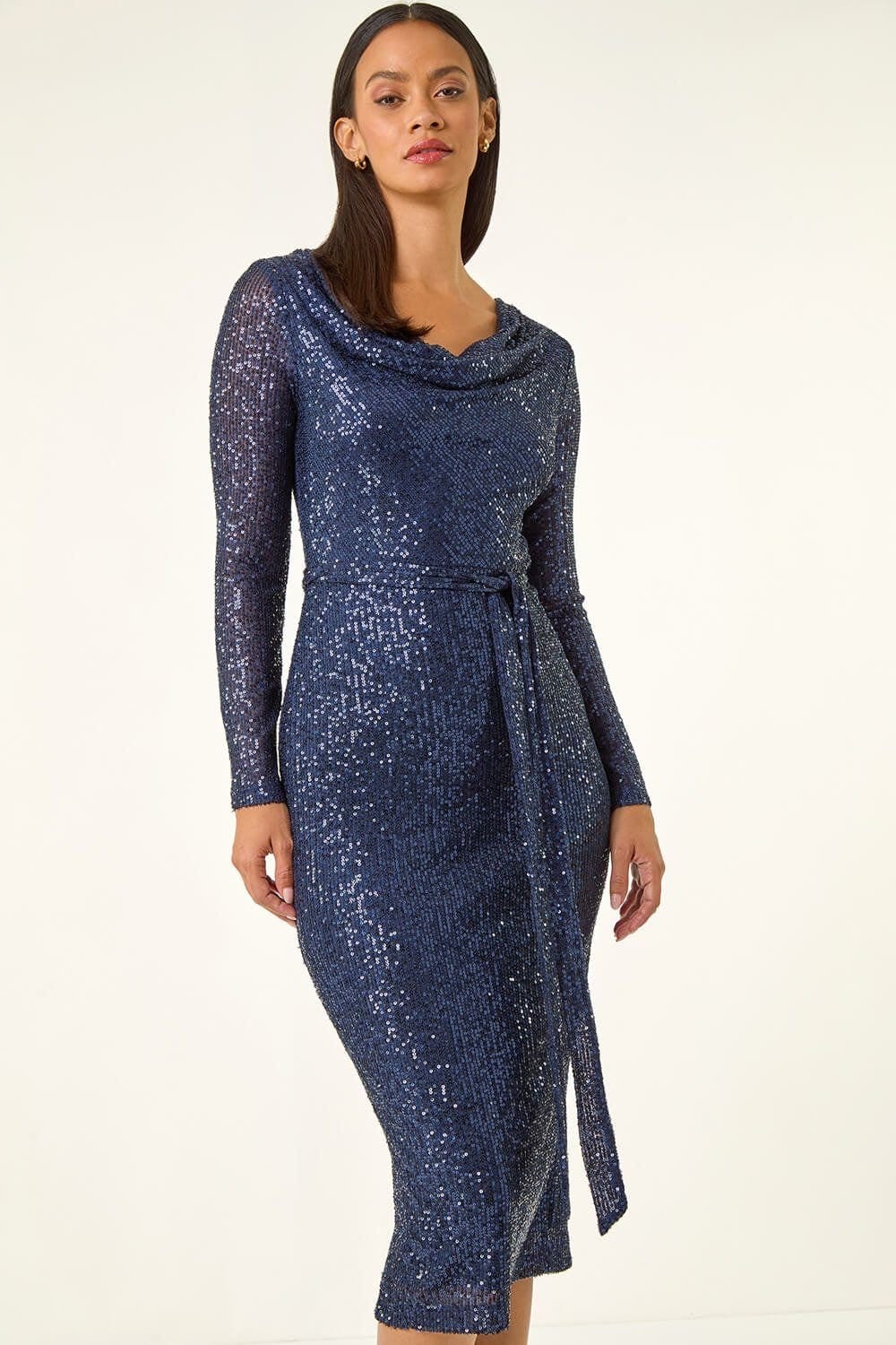 Dusk Dusk Women's Sequin Cowl Neck Pencil Stretch Dress in Navy - 4