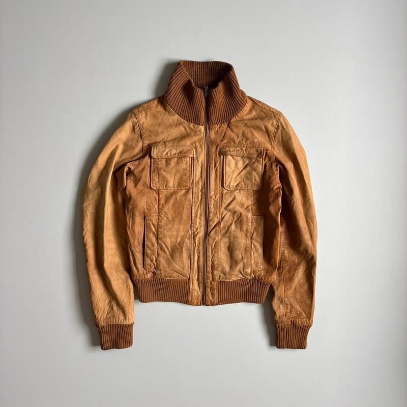 y2k Vintage Y2K brown tan leather biker bomber jacket