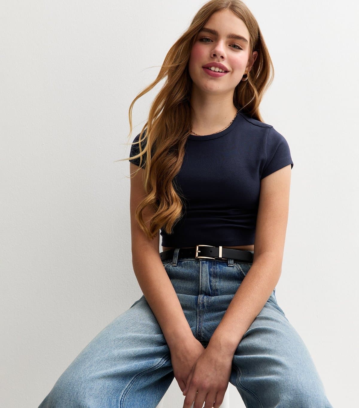 New Look Girls' Navy Ruched Side Cap Sleeve T-Shirt New Look