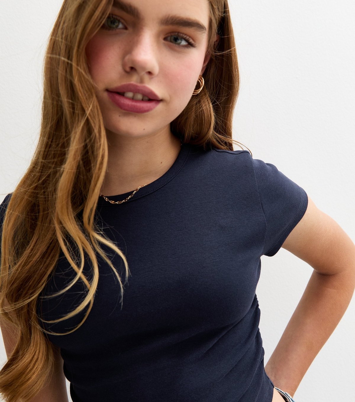 New Look Girls' Navy Ruched Side Cap Sleeve T-Shirt New Look - 2