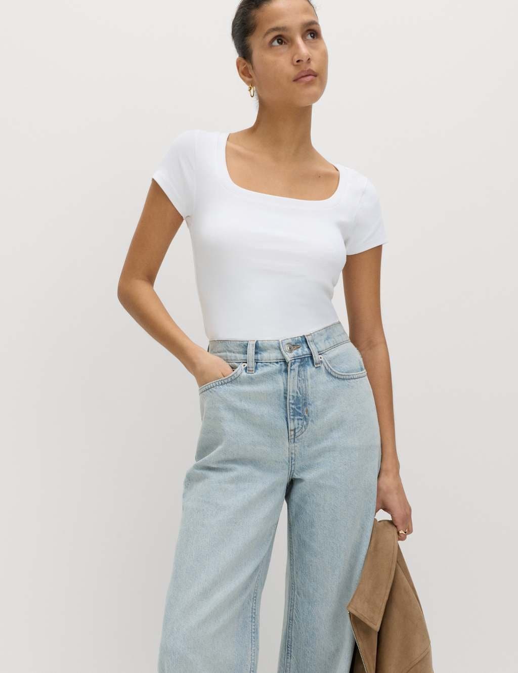 Marks & Spencer M&S Cotton Rich Premium Square Neck Top Soft White