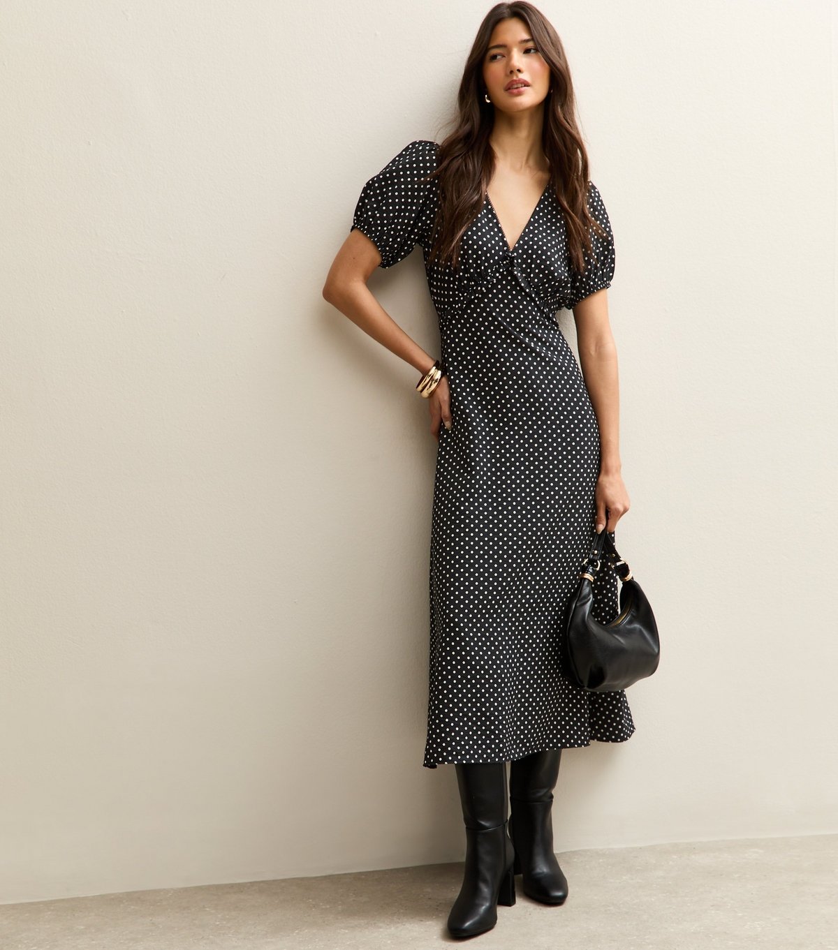 New Look Women's Black Polka Dot Print Short Sleeve Midi Dress New Look - 3