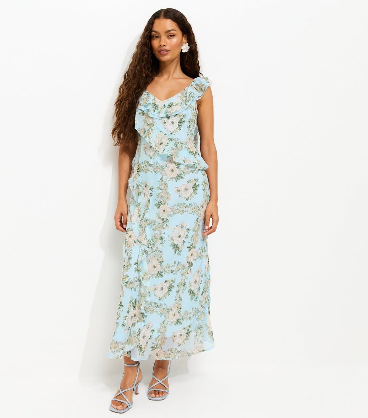 New Look Women's Petite Light Blue Floral Print Ruffled Chiffon Midi Dress New Look