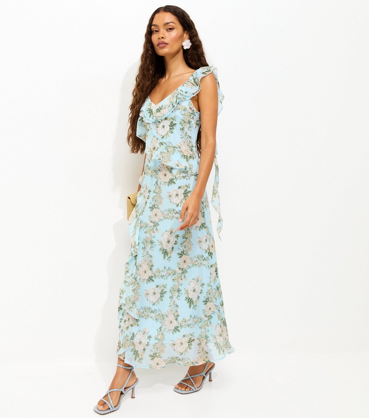 New Look Women's Petite Light Blue Floral Print Ruffled Chiffon Midi Dress New Look - 3