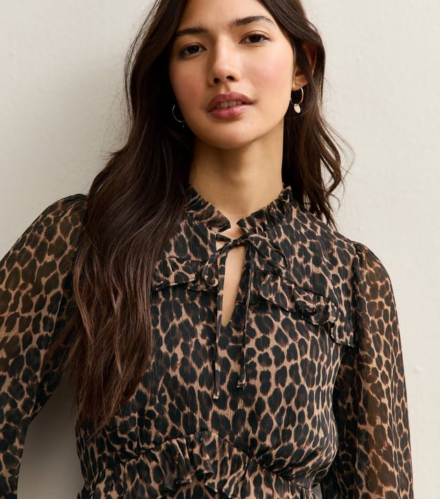 New Look Women's Brown Animal Print Long Sleeve Frill High Neck Mini Dress New Look - 3