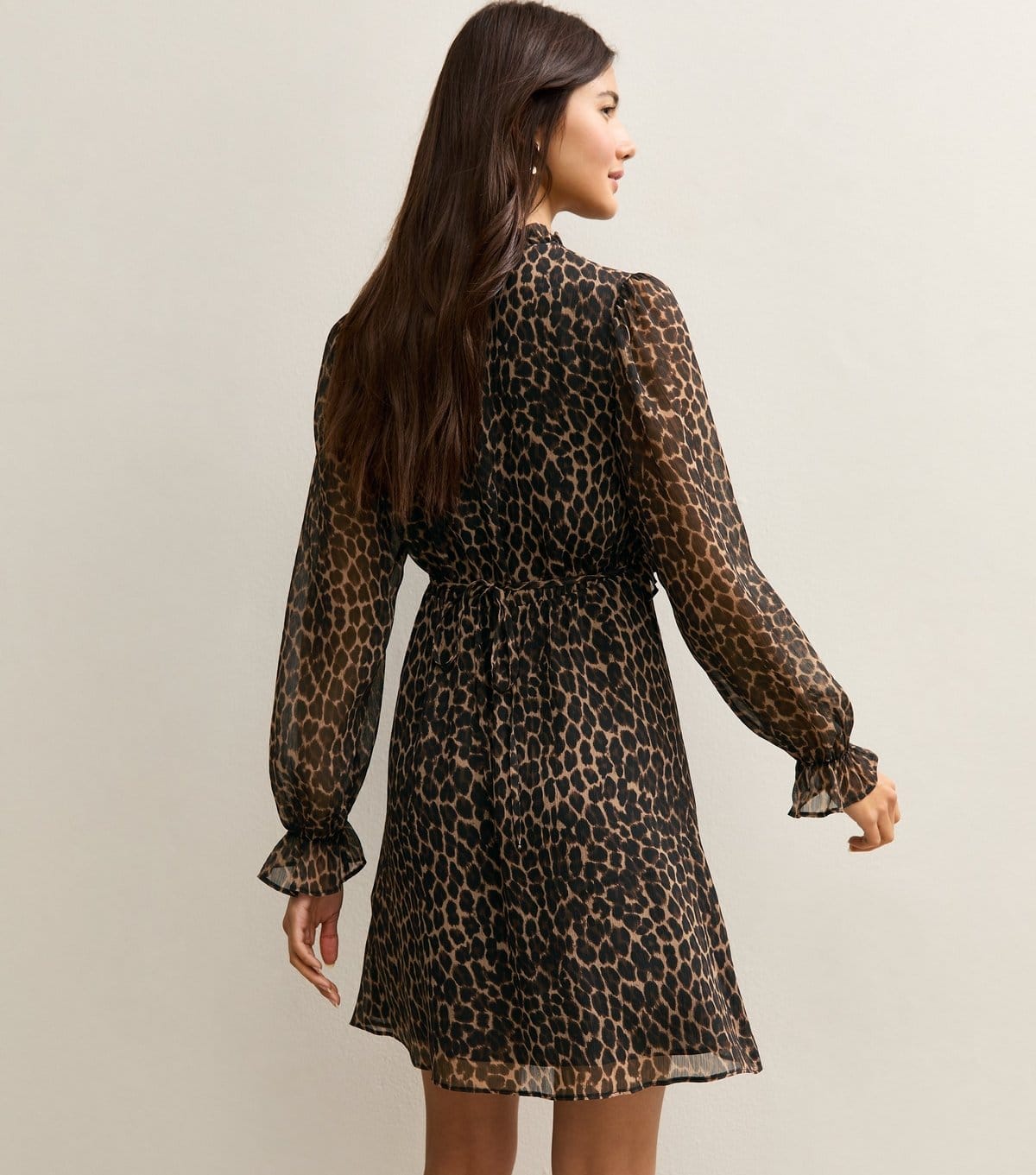 New Look Women's Brown Animal Print Long Sleeve Frill High Neck Mini Dress New Look - 4
