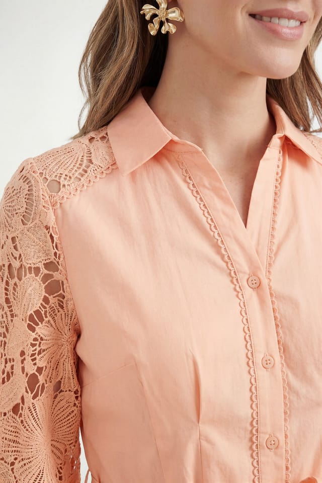 Wallis Wallis Women's Petite Cotton Lace Belted Shirt Dress in Peach - 2