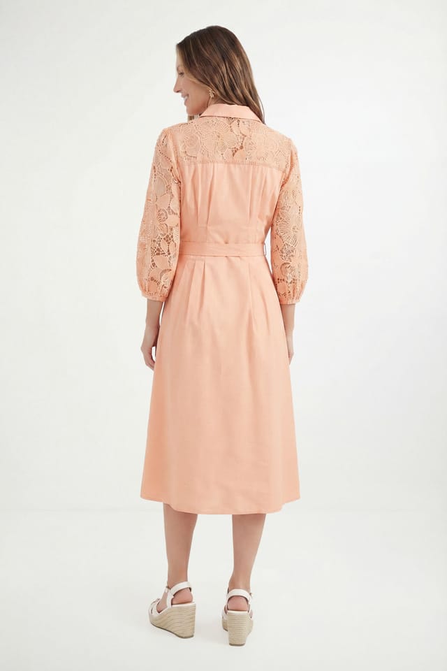Wallis Wallis Women's Petite Cotton Lace Belted Shirt Dress in Peach - 3