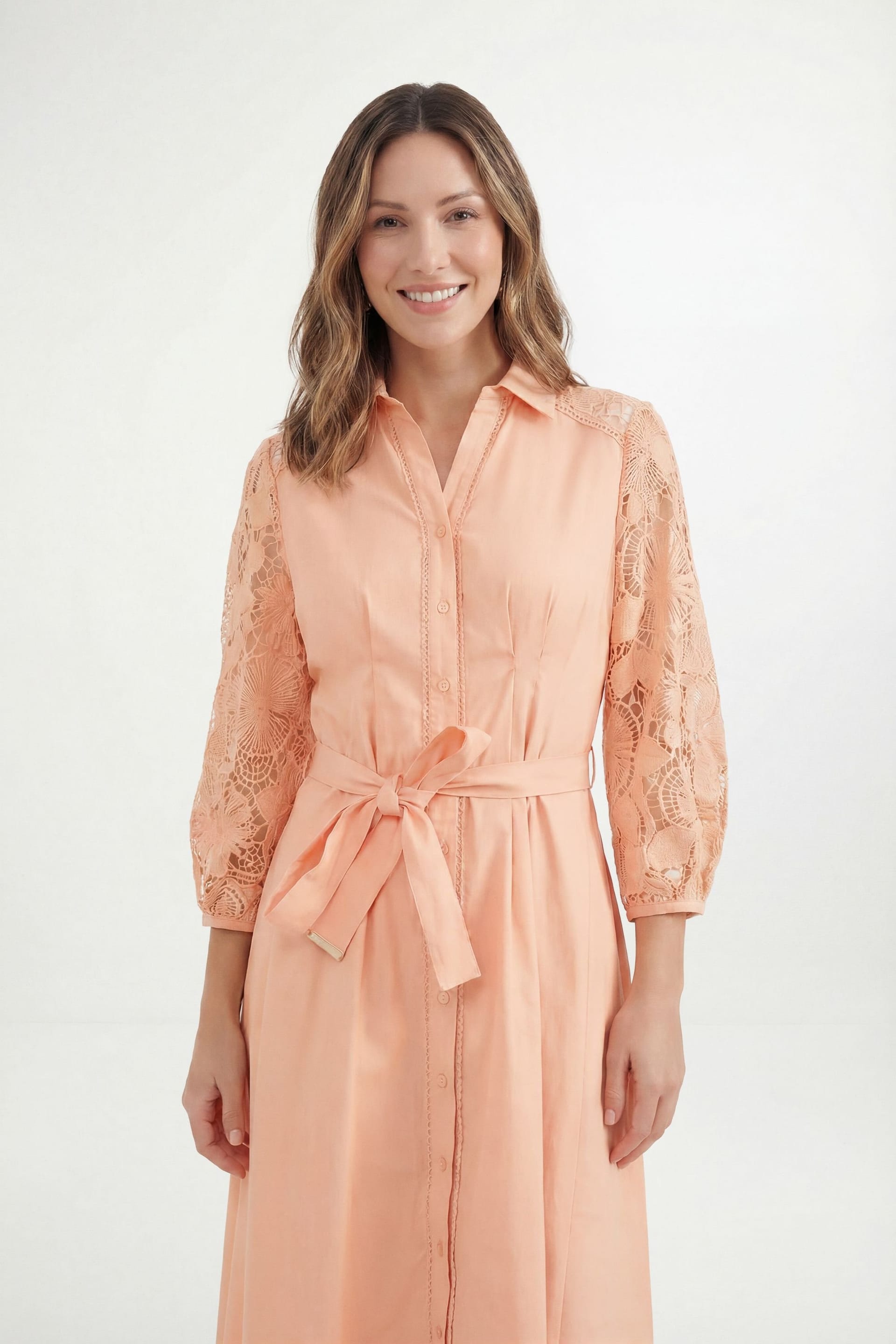 Wallis Wallis Women's Petite Cotton Lace Belted Shirt Dress in Peach - 4