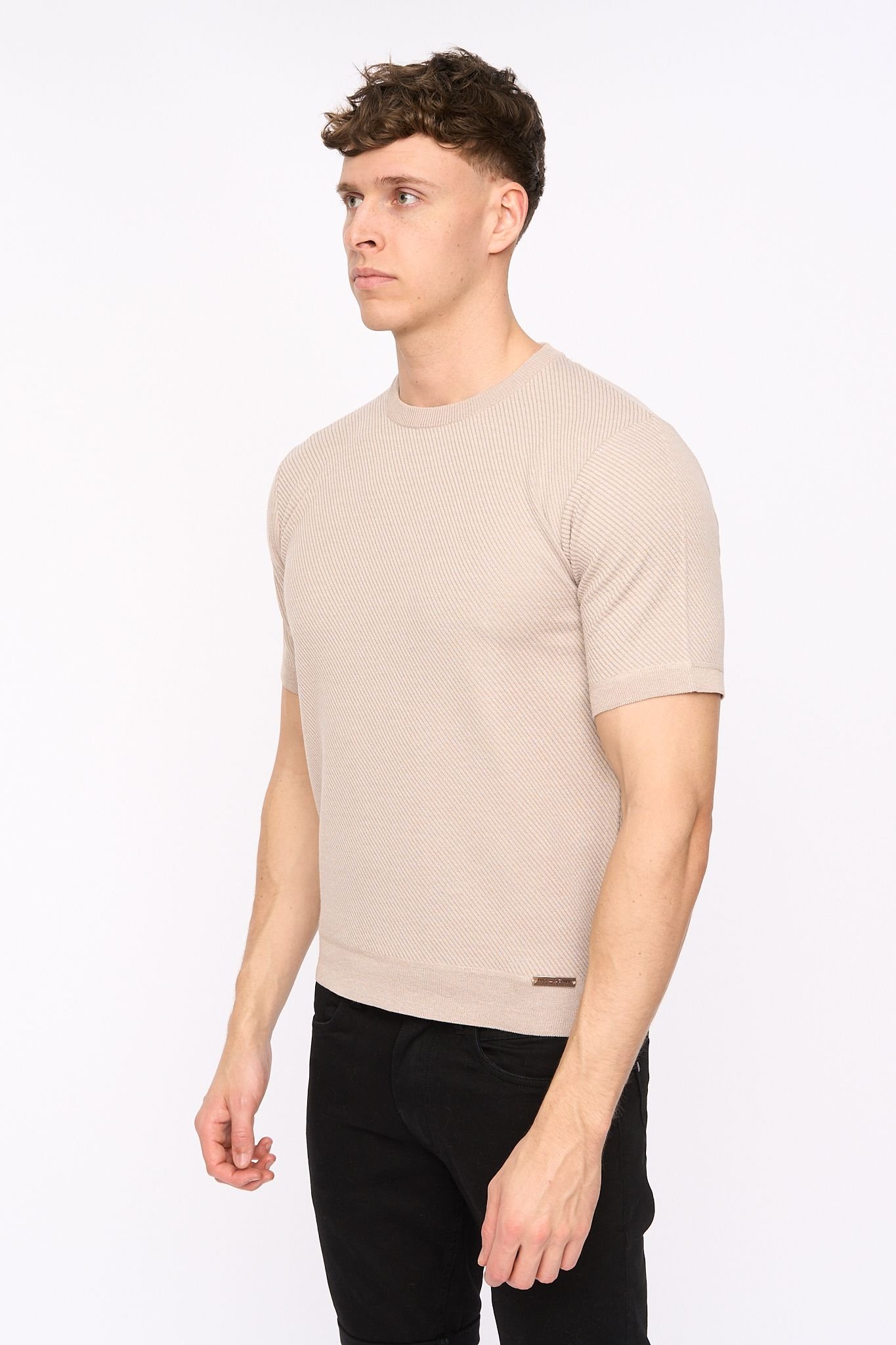 Duck and Cover Duck and Cover Men's Marvela Structured Knitted T-Shirt with Metal Badge in Stone - 2