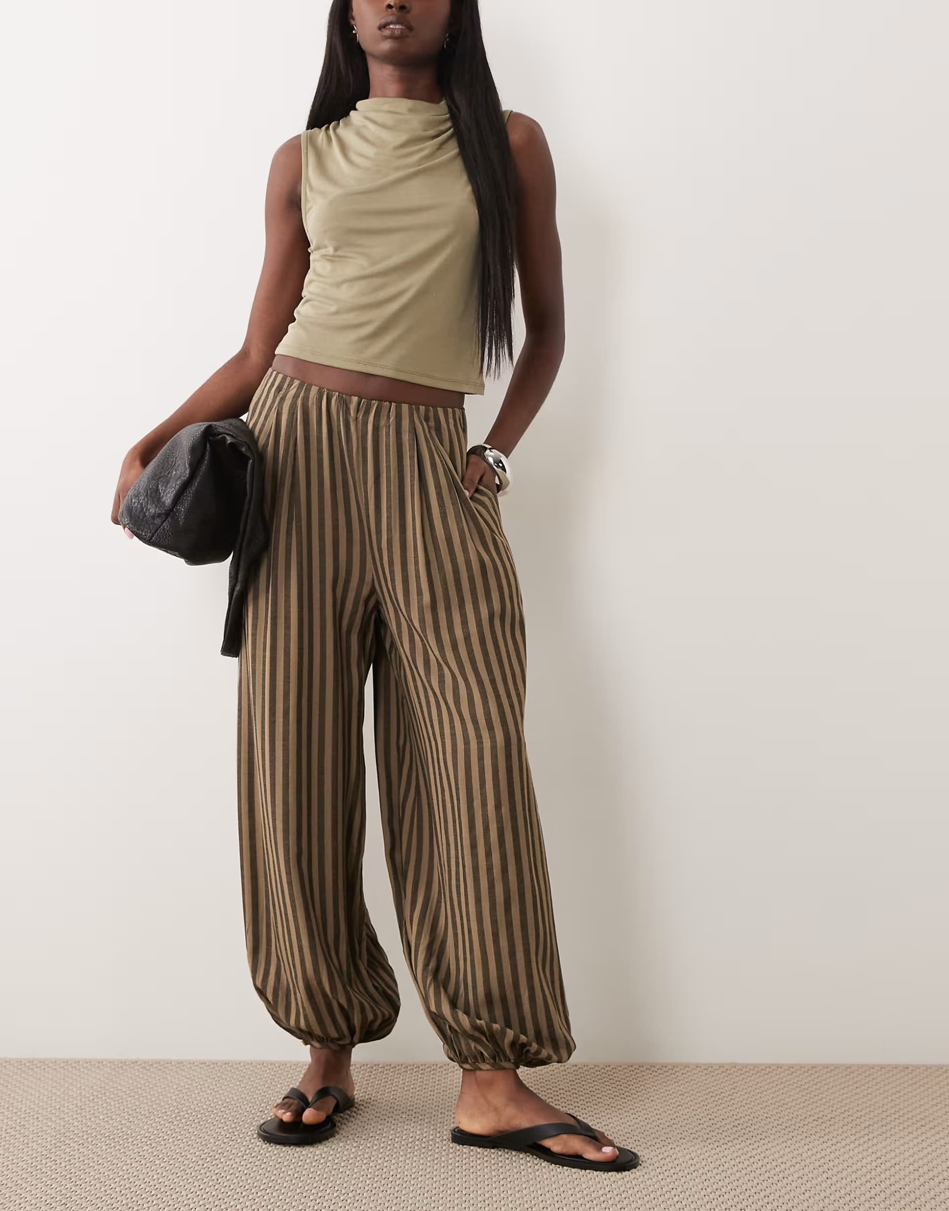 ASOS Threadbare balloon leg trousers in brown stripe