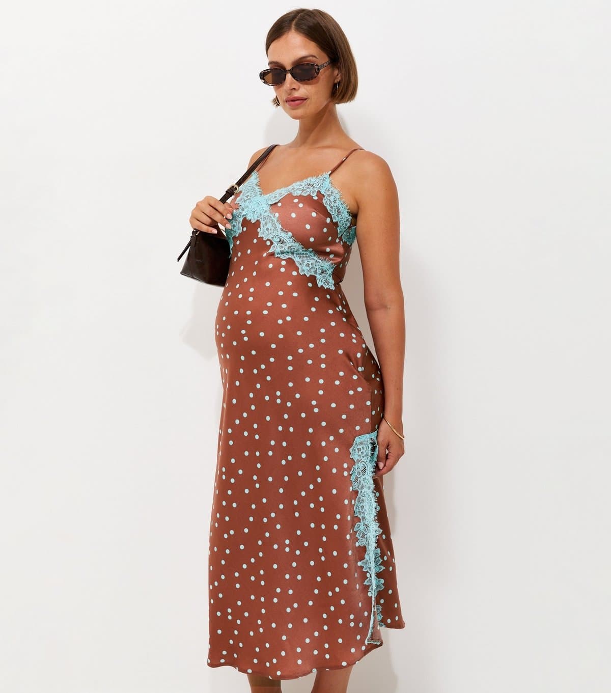 New Look Women's Maternity Brown Spot Print Lace Trim Midi Dress New Look