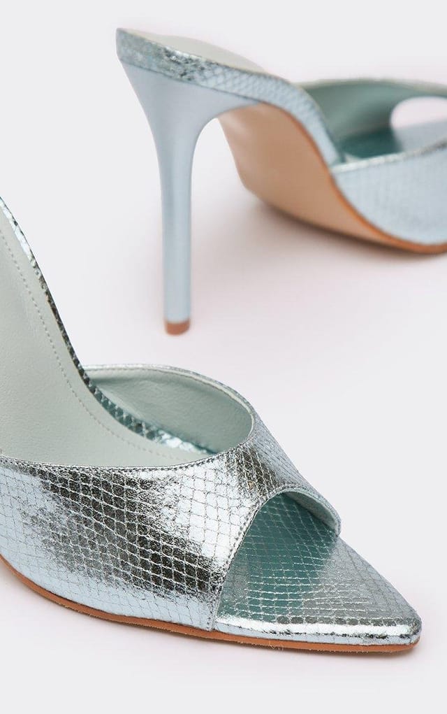 EGO Misty Pointed Peep Toe Stiletto Heeled Mule In Blue Metallic Texture, Women's Size UK 3 - 2