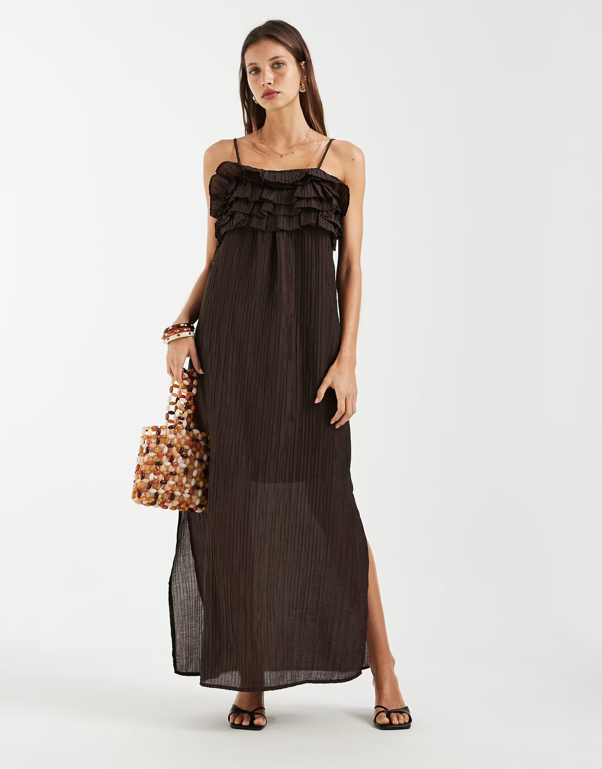 ASOS Object textured ruffle layered detail cami maxi dress in chocolate