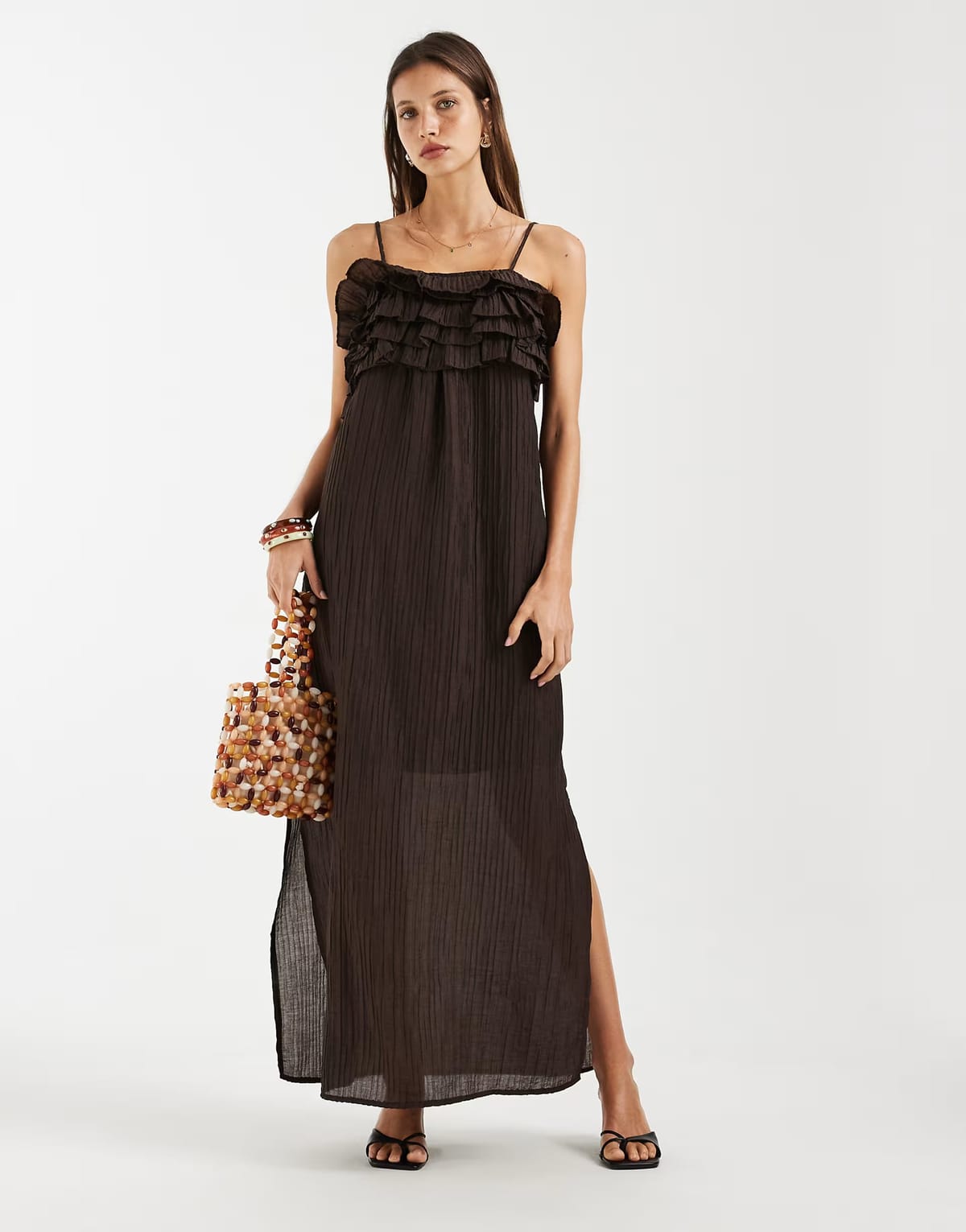 ASOS Object textured ruffle layered detail cami maxi dress in chocolate - 1