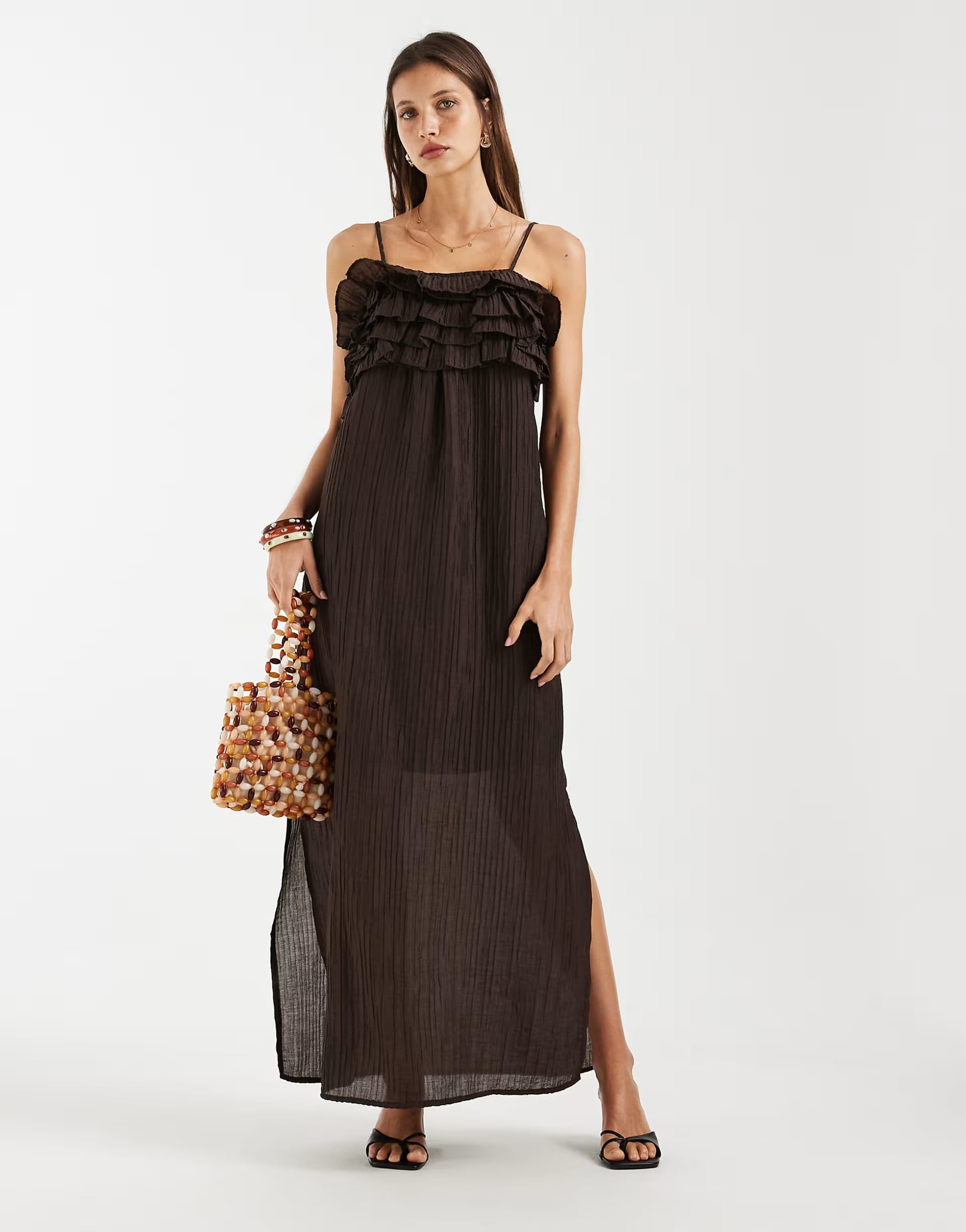 ASOS Chocolate Textured Ruffle Cami Maxi Dress