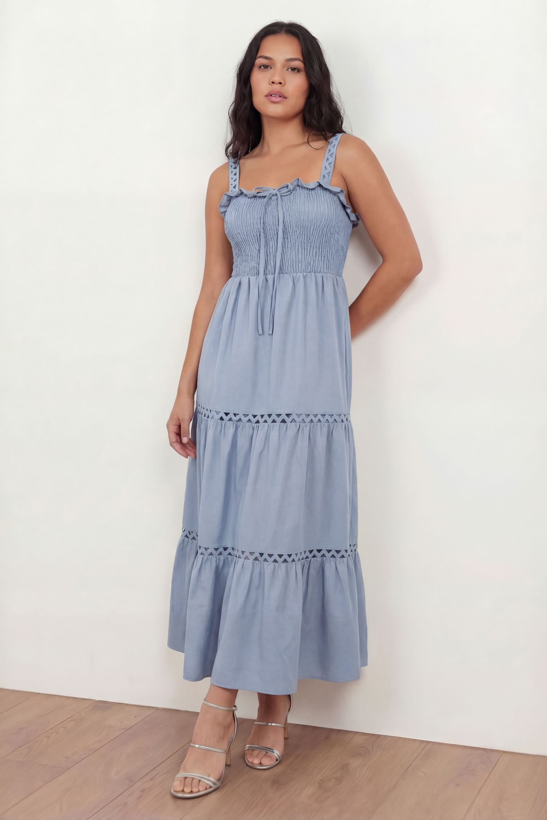 Lovedrobe Lovedrobe Women's Ric Rac Detail Tiered Midaxi Dress in Blue