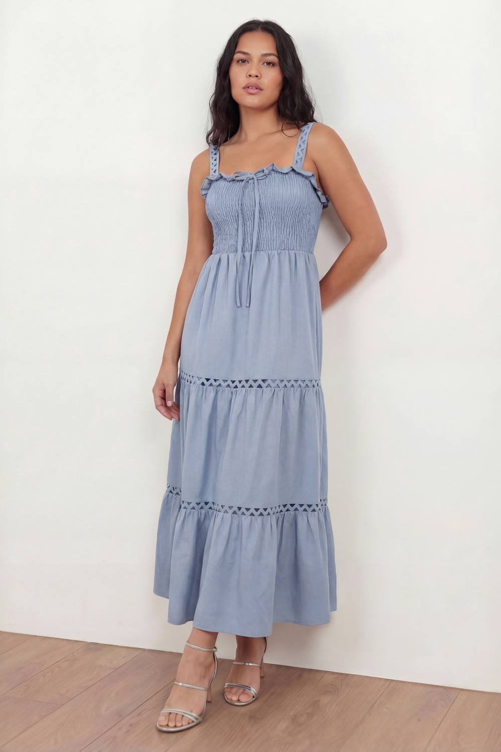 Lovedrobe Lovedrobe Women's Ric Rac Detail Tiered Midaxi Dress in Blue - 4