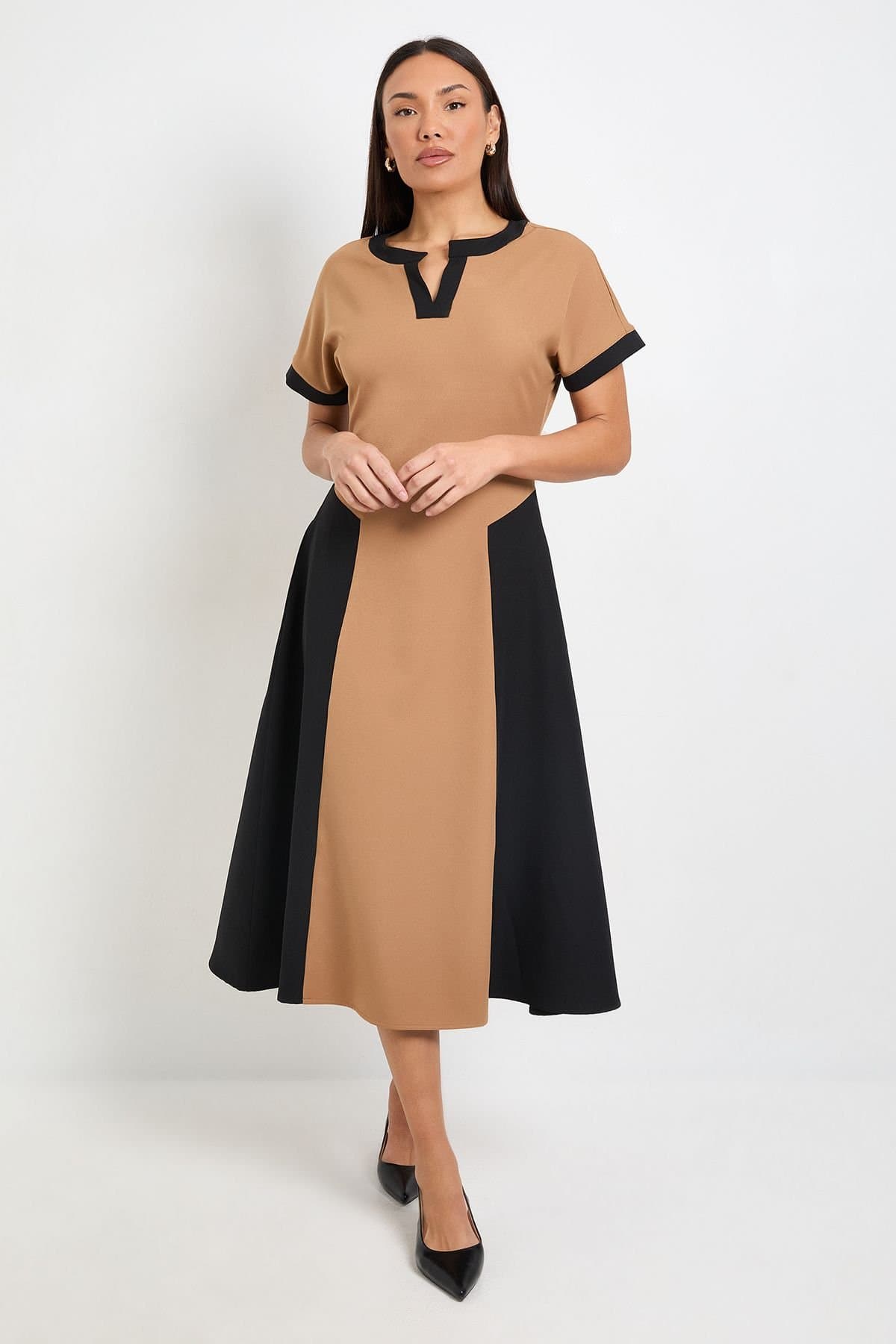 Principles Principles Women's Formal Colour Block Contrast V Neck Midi Dress in Black