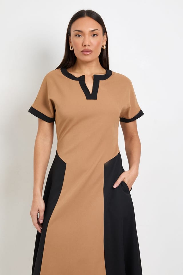 Principles Principles Women's Formal Colour Block Contrast V Neck Midi Dress in Black - 2