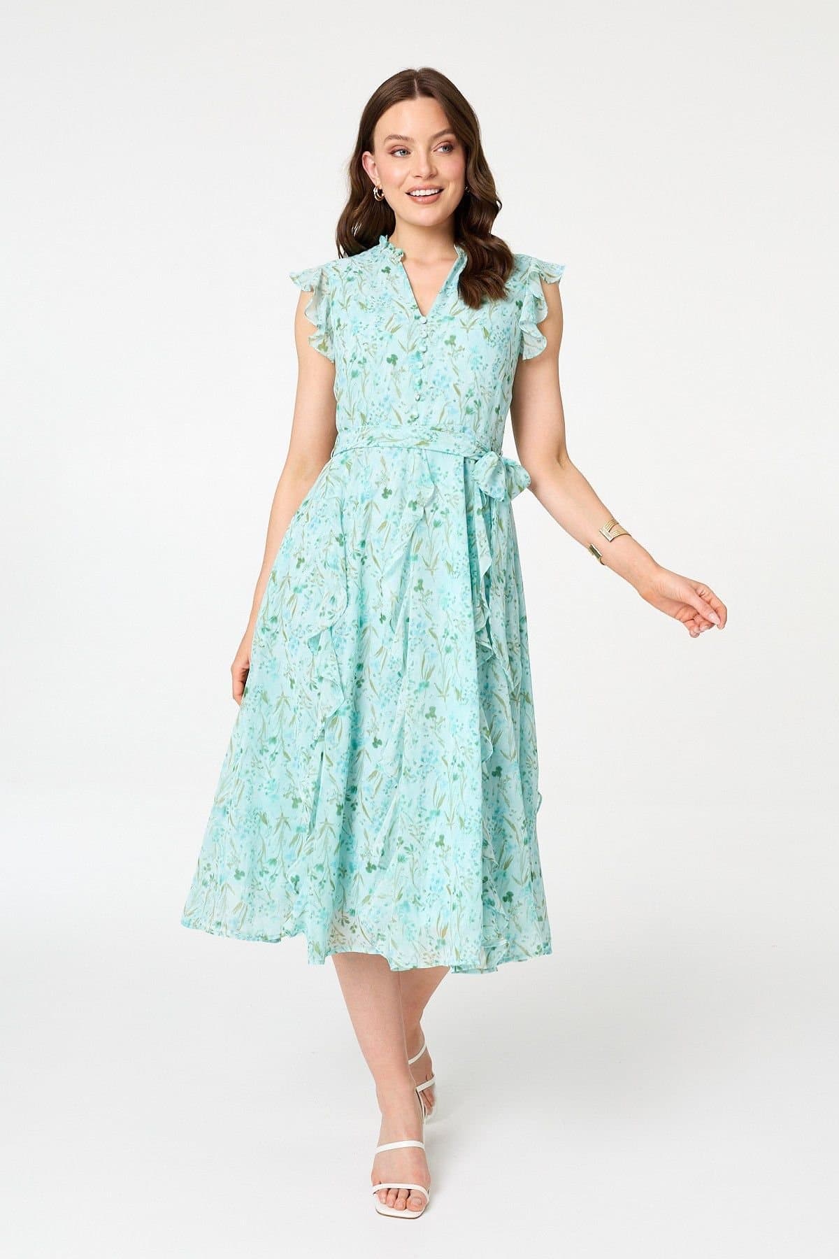 Izabel London Izabel London Women's Floral Tie Waist Frilled Midi Dress in Green