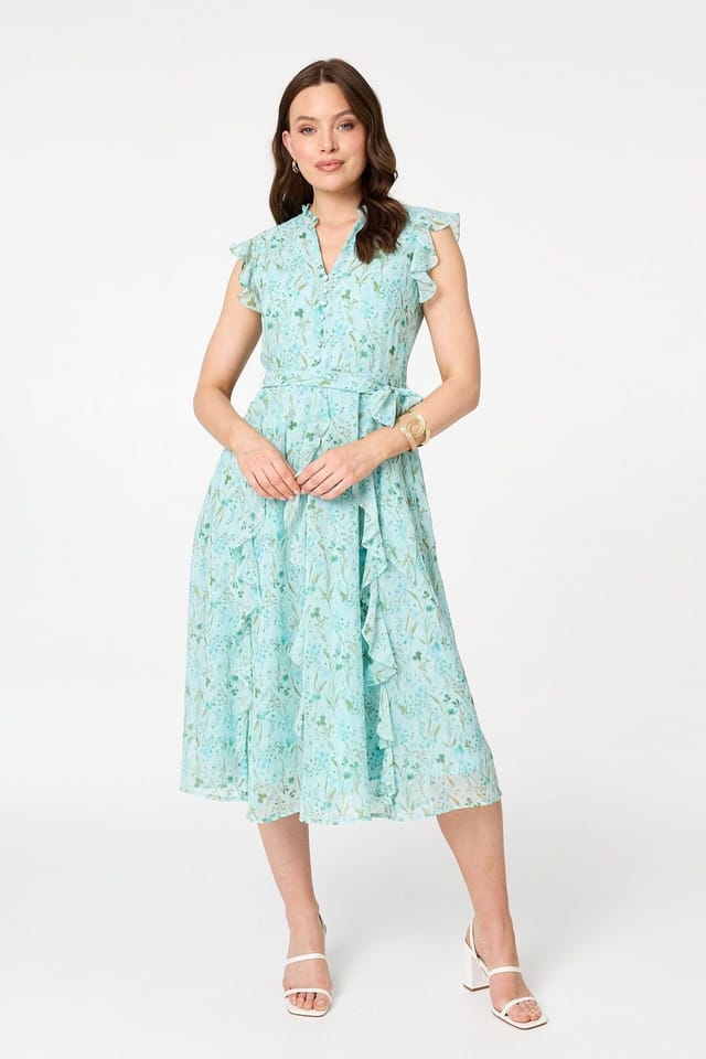 Izabel London Izabel London Women's Floral Tie Waist Frilled Midi Dress in Green - 2