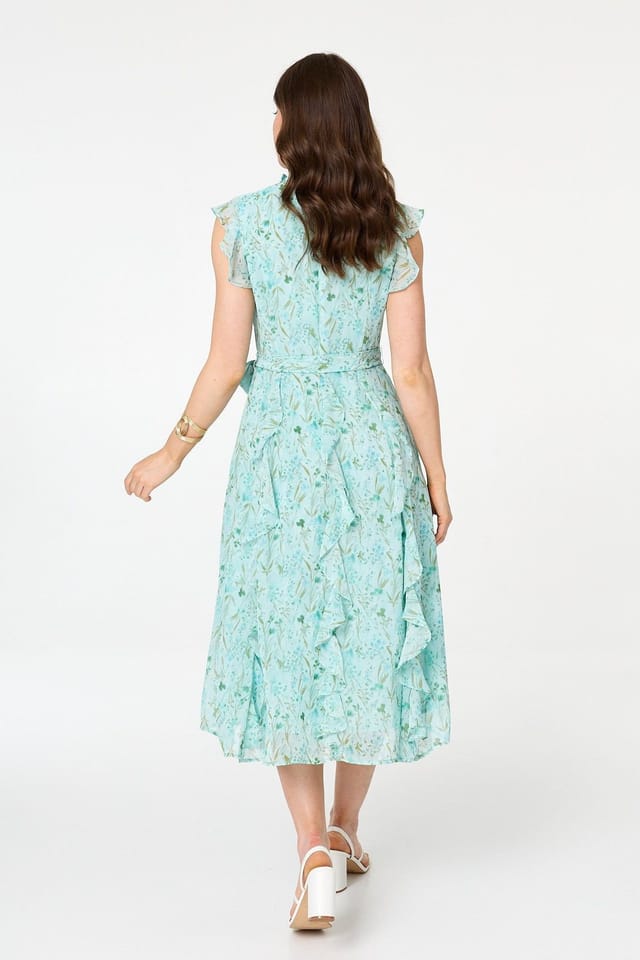Izabel London Izabel London Women's Floral Tie Waist Frilled Midi Dress in Green - 3
