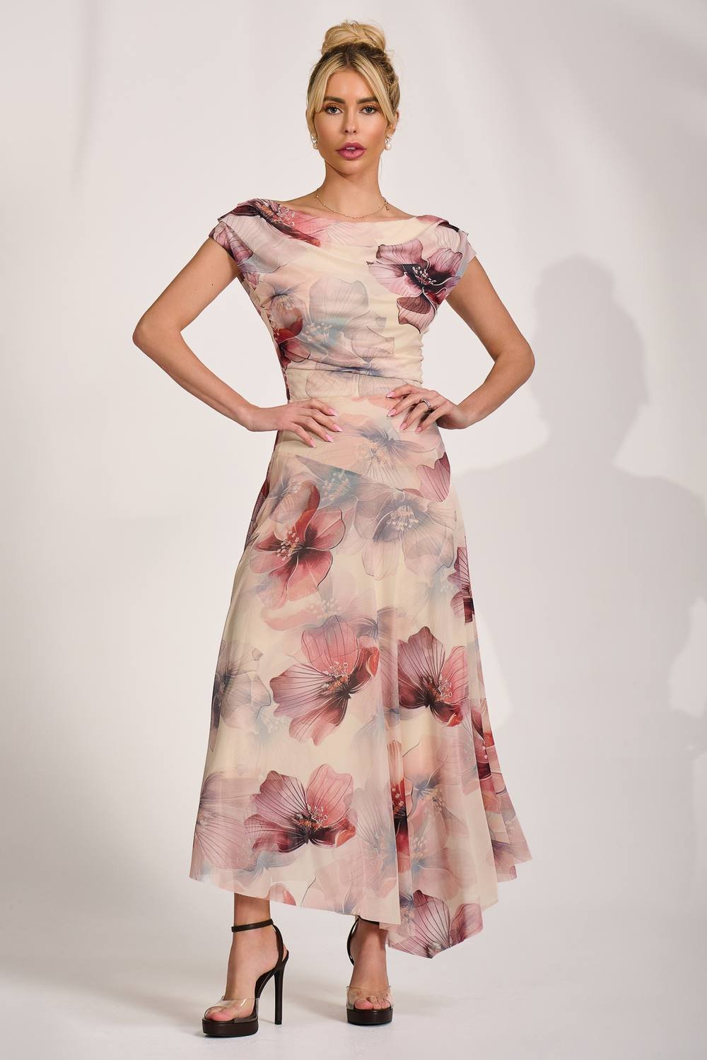 Jolie Moi Jolie Moi Women's Asymmetrical Draped Mesh Maxi Dress in Medium Beige - 1