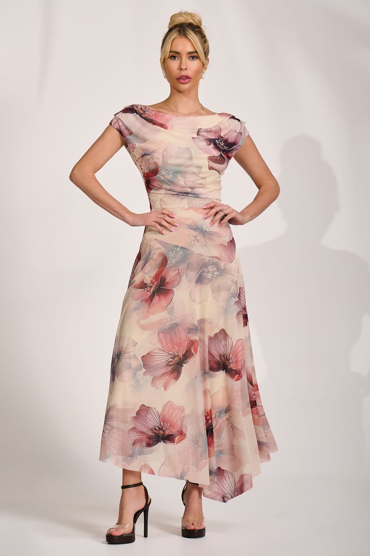 Jolie Moi Jolie Moi Women's Asymmetrical Draped Mesh Maxi Dress in Medium Beige