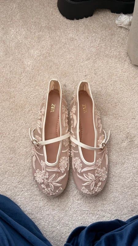 Zara Zara embellished  floral white mesh ballet flats